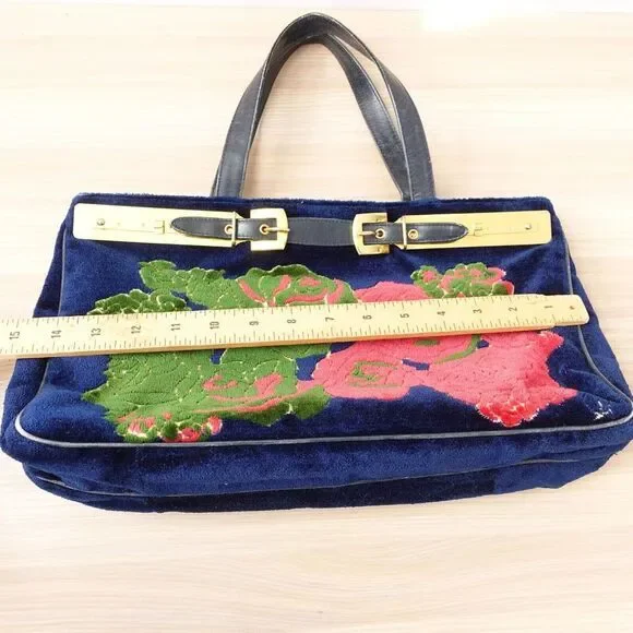 1970s VINTAGE Roberta Di Camerino Bag Flower Navy Devore Gold Belt Bagonghi RARE